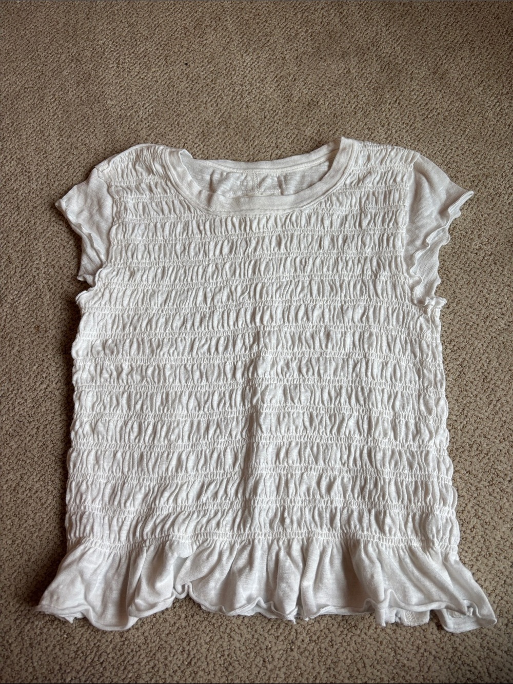 We The Free White Smocked Ruffle-Hem Short Sleeve Top